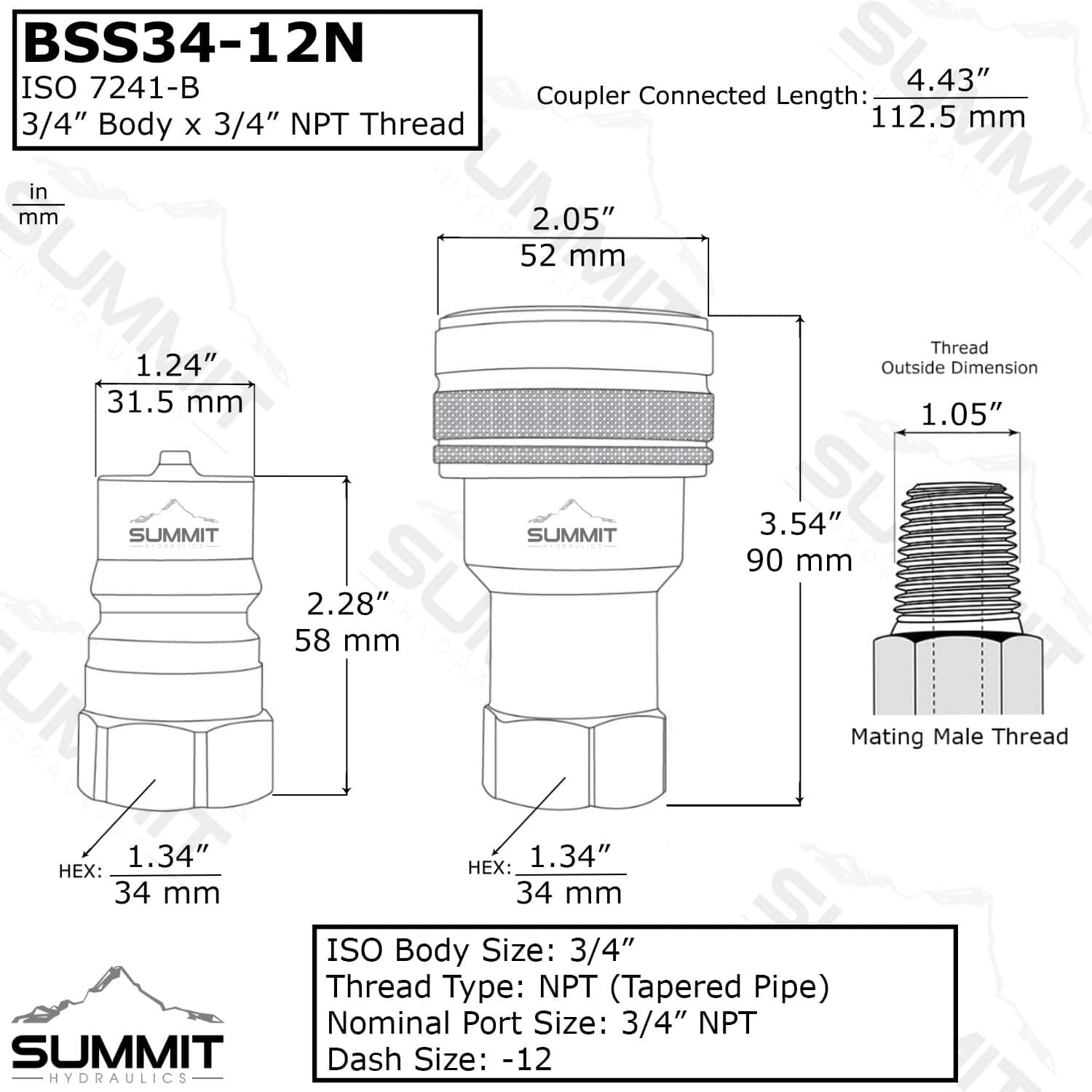 TEMCo 3/4" NPT Hydraulic Quick Connect Coupler Pair – Poppet, ISO 7241-B, Fits Pioneer – HF0075