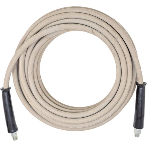 Product photo of a 3/8'' X 50FT 4,000 PSI grey non-marking pressure washer hose assembly with male pipe fittings.