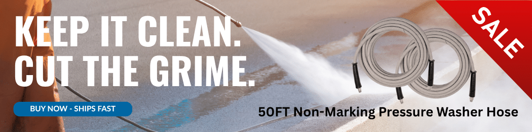 Promo graphic advertising the sale of the 50 ft Pressure Washing Hose
